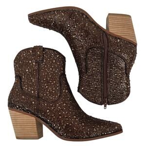 Betsey Johnson Diva Western Boots Women's 6.5 Shiny Brown Rhinestones Pointed